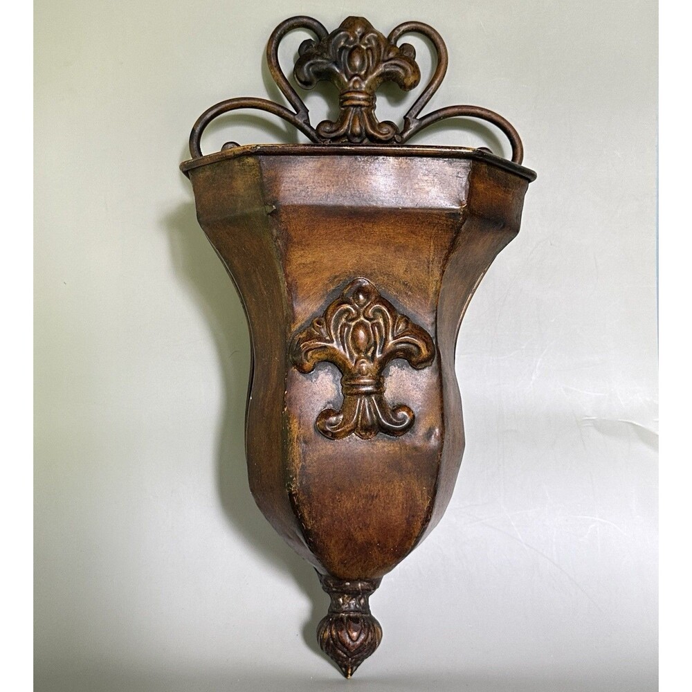 Vintage Fleur De Lis Metal Wall Pocket Planter French Country Tuscan Decor 14.5”